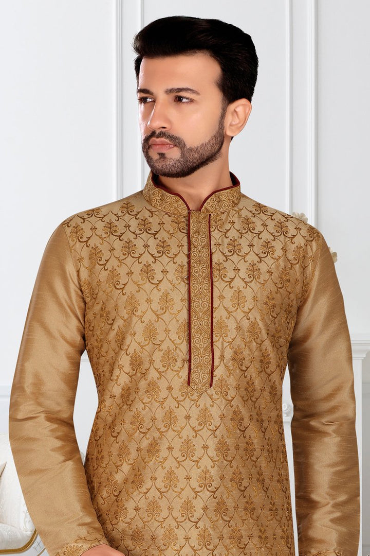 Cream Color Banarasi Silk Fabric Wedding Wear Readymade Designer Mens Kurta Pyjama