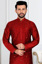 Load image into Gallery viewer, Red Color Silk Fabric Reception Wear Readymade Fancy Mens Kurta Pyjama

