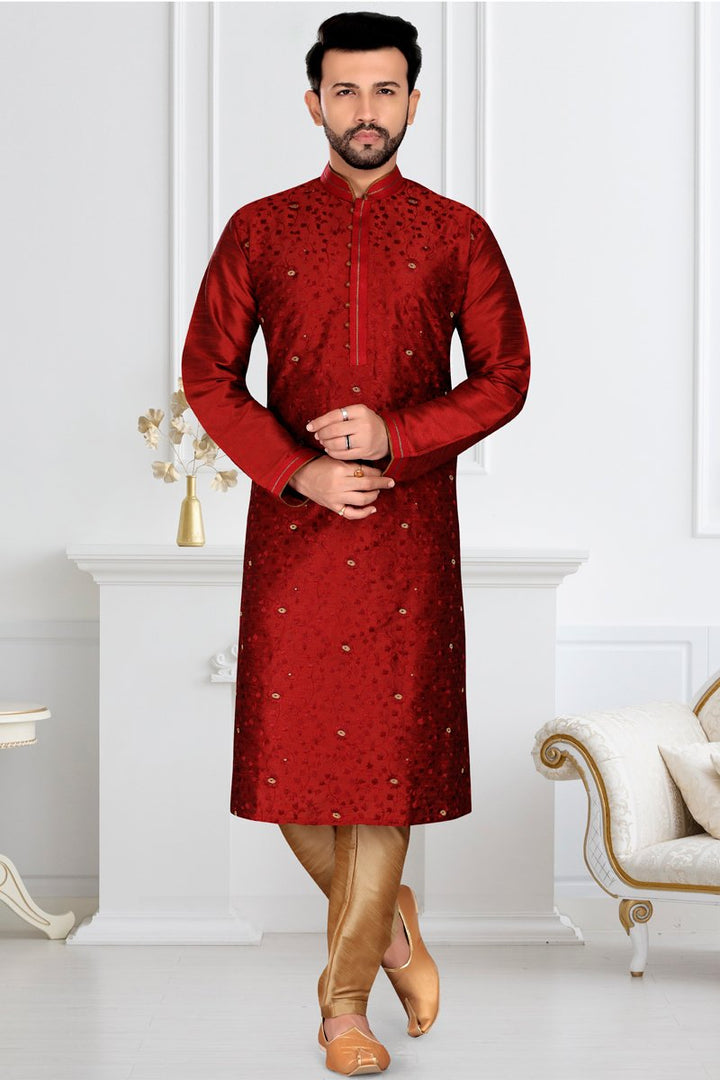 Red Color Silk Fabric Reception Wear Readymade Fancy Mens Kurta Pyjama