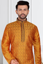 Load image into Gallery viewer, Orange Color Silk Fabric Wedding Wear Readymade Trendy Mens Kurta Pyjama
