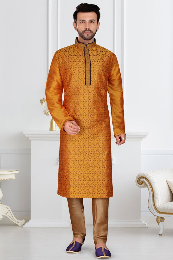 Orange Color Silk Fabric Wedding Wear Readymade Trendy Mens Kurta Pyjama