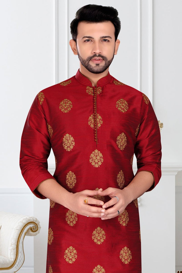 Red Color Wedding Wear Readymade Stylish Mens Kurta Pyjama In Banarasi Silk Fabric