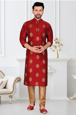 Load image into Gallery viewer, Red Color Wedding Wear Readymade Stylish Mens Kurta Pyjama In Banarasi Silk Fabric
