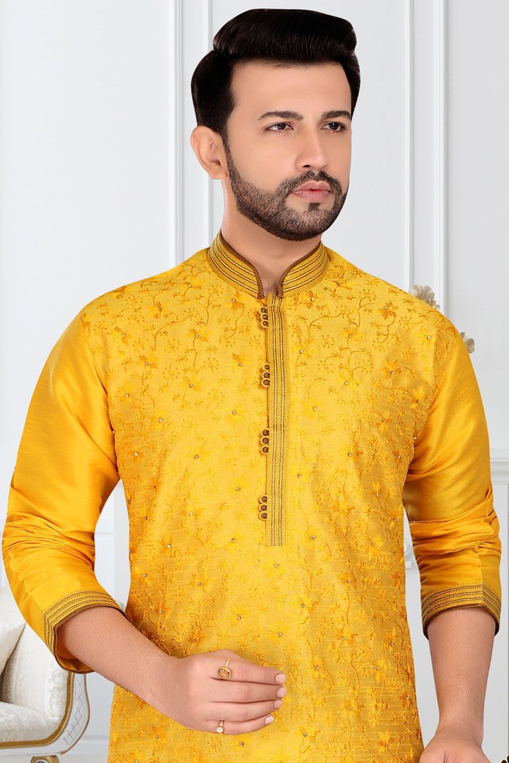 Yellow Color Silk Fabric Sangeet Wear Readymade Designer Mens Kurta Pyjama