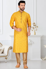 Load image into Gallery viewer, Yellow Color Silk Fabric Sangeet Wear Readymade Designer Mens Kurta Pyjama
