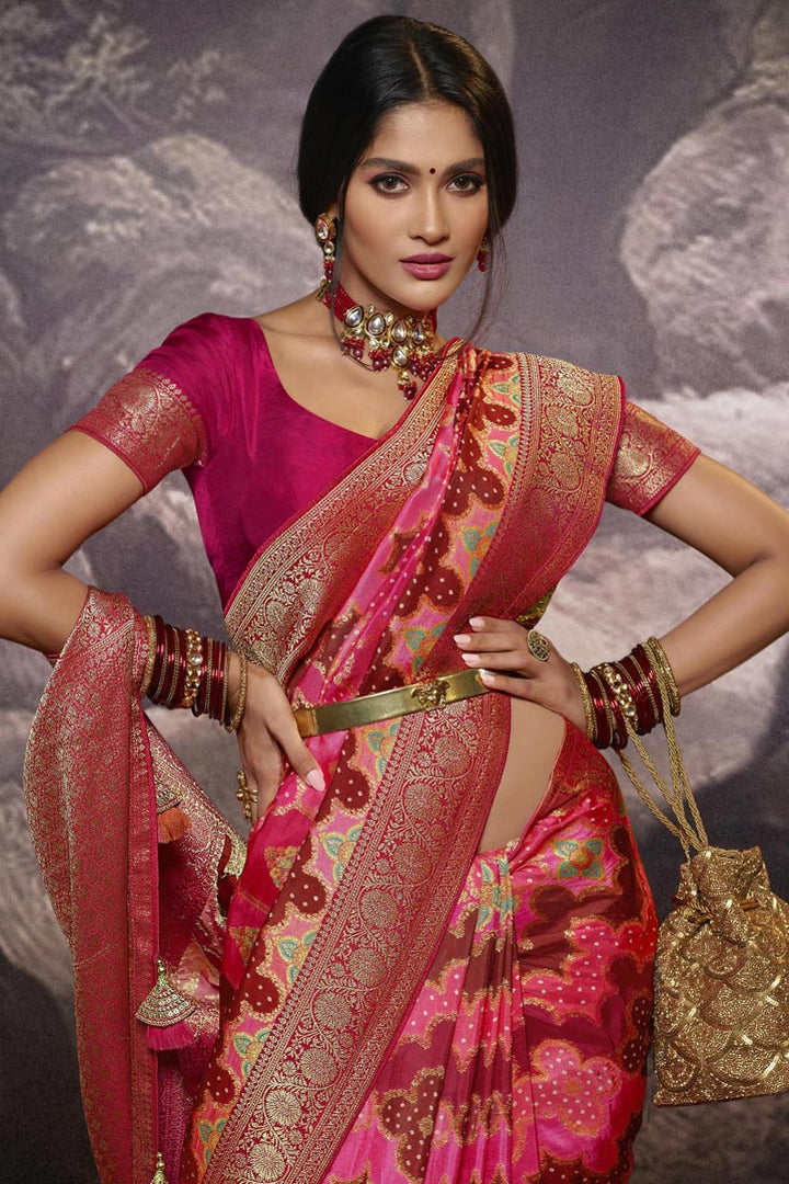 Creative Weaving Work Saree In Pink Color Art Silk Fabric