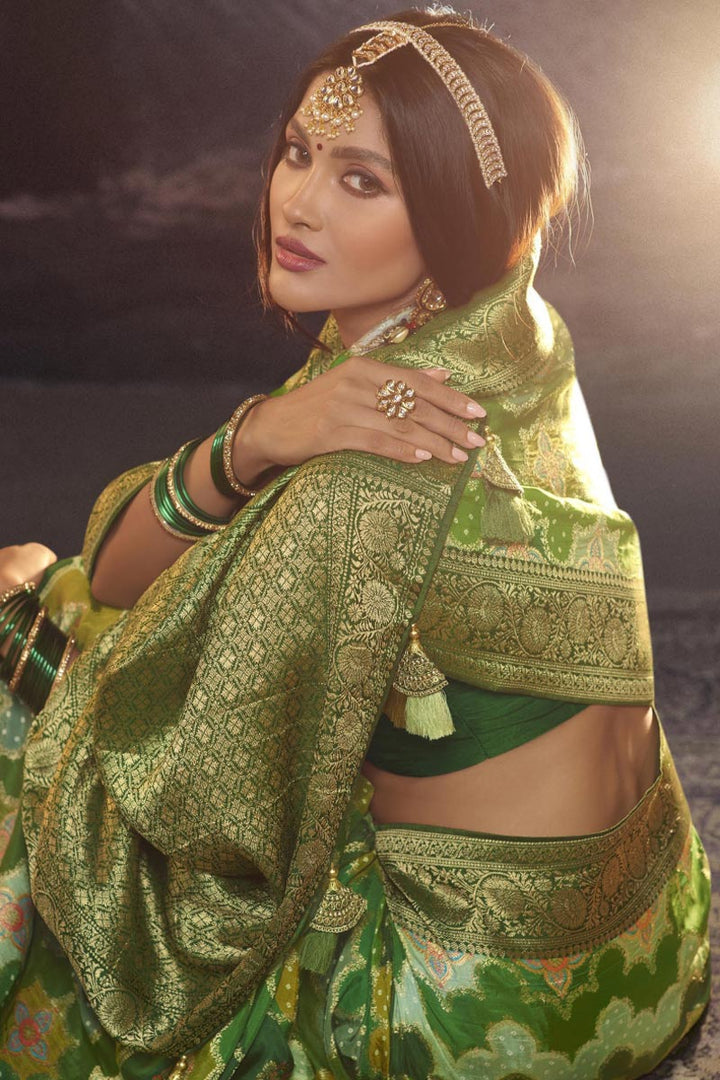 Marvelous Art Silk Fabric Weaving Work Saree In Green Color