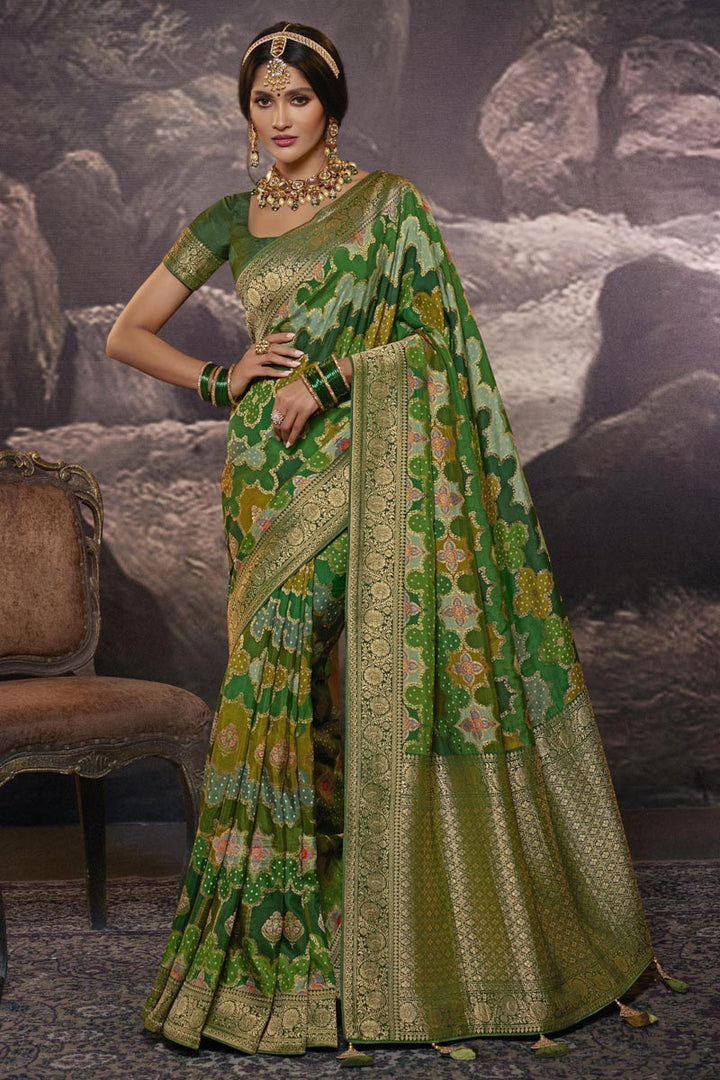 Marvelous Art Silk Fabric Weaving Work Saree In Green Color