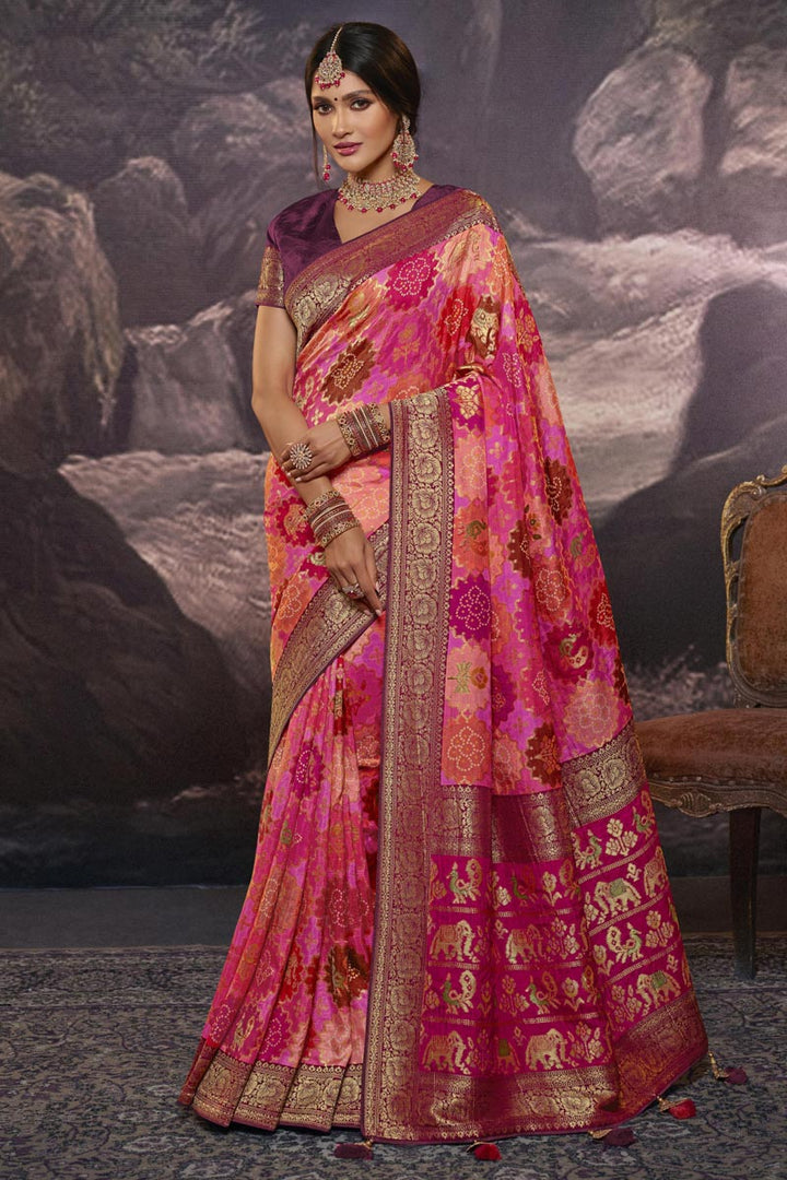 Incredible Art Silk Fabric Peach Color Weaving Work Saree