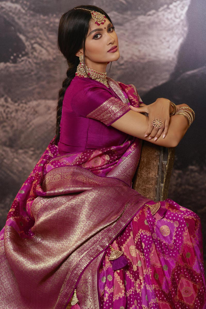Dazzling Magenta Color Weaving Work Saree In Art Silk Fabric