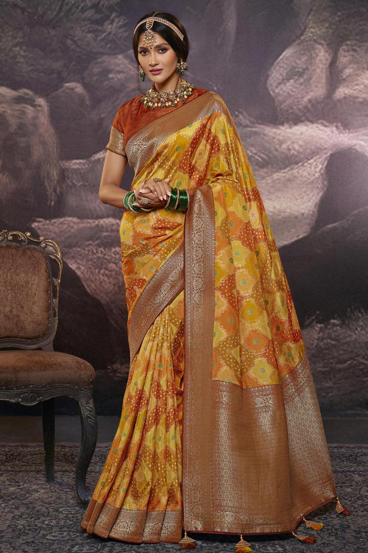 Art Silk Fabric Mustard Color Winsome Weaving Work Saree