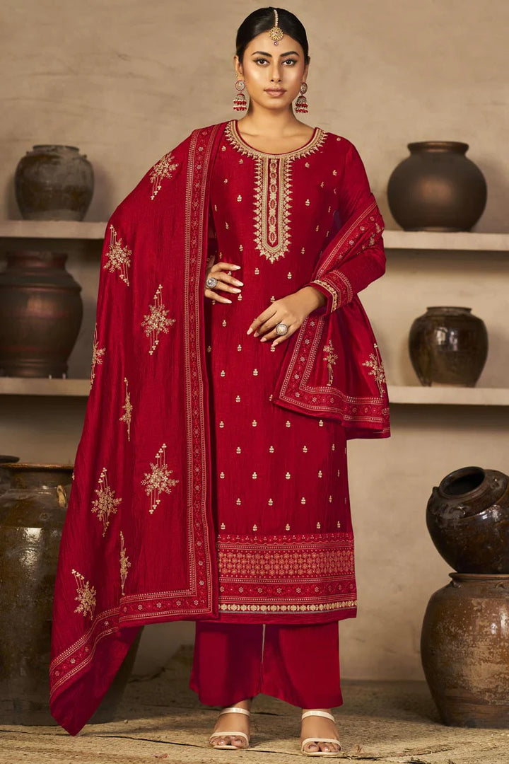 Beauteous Red Color Vichitra Fabric Festival Look Salwar Suit