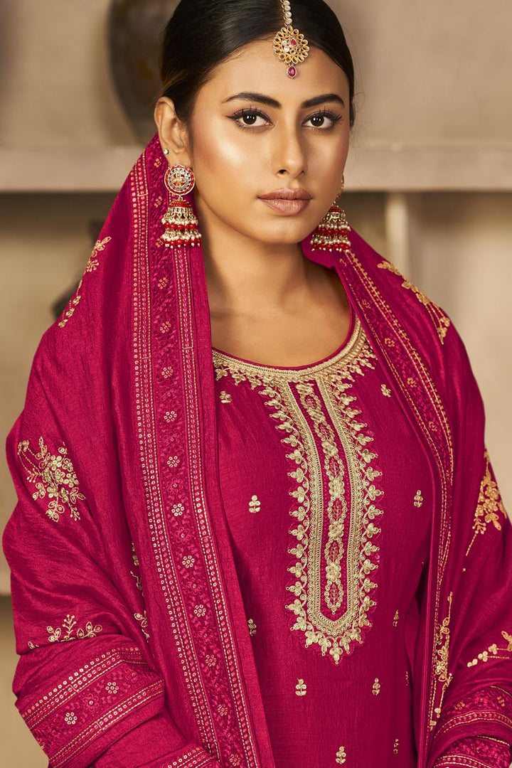 Vichitra Fabric Rani Color Imposing Festival Look Salwar Suit