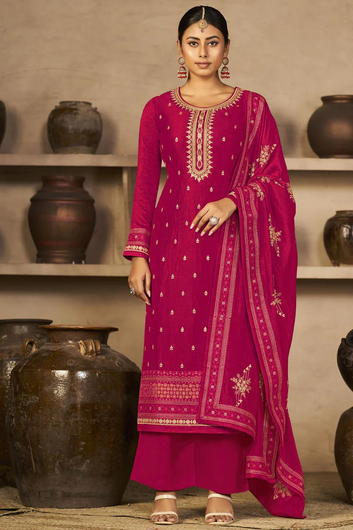 Vichitra Fabric Rani Color Imposing Festival Look Salwar Suit