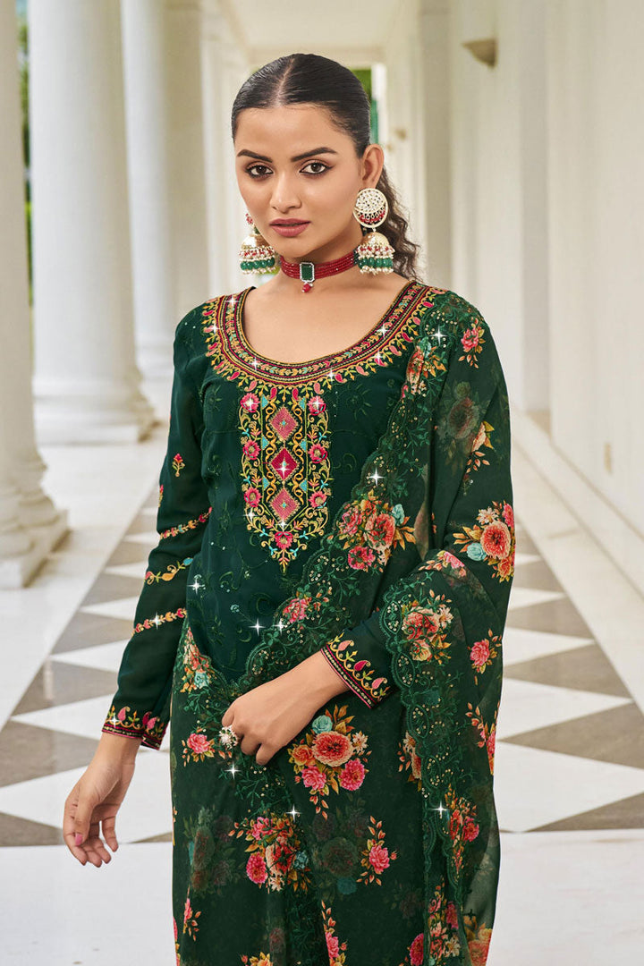 Dark Green Embroidered Palazzo Suit In Georgette Fabric