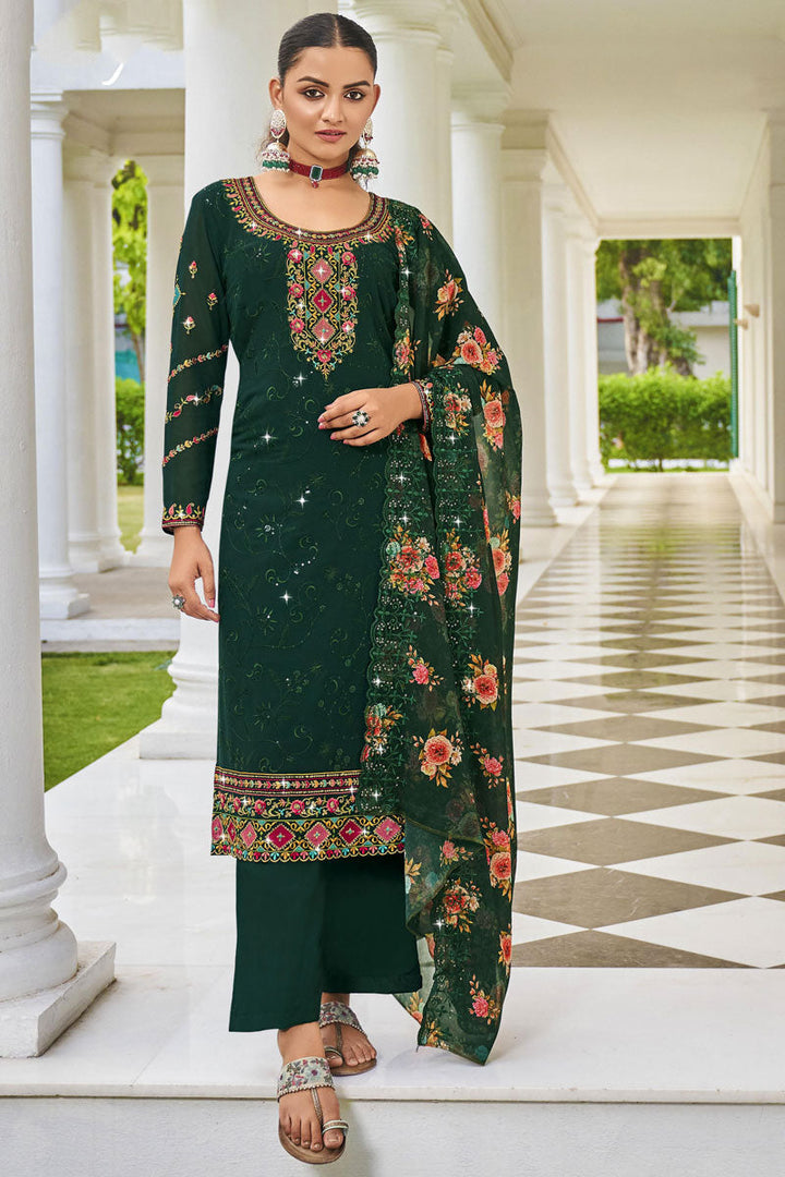 Dark Green Embroidered Palazzo Suit In Georgette Fabric