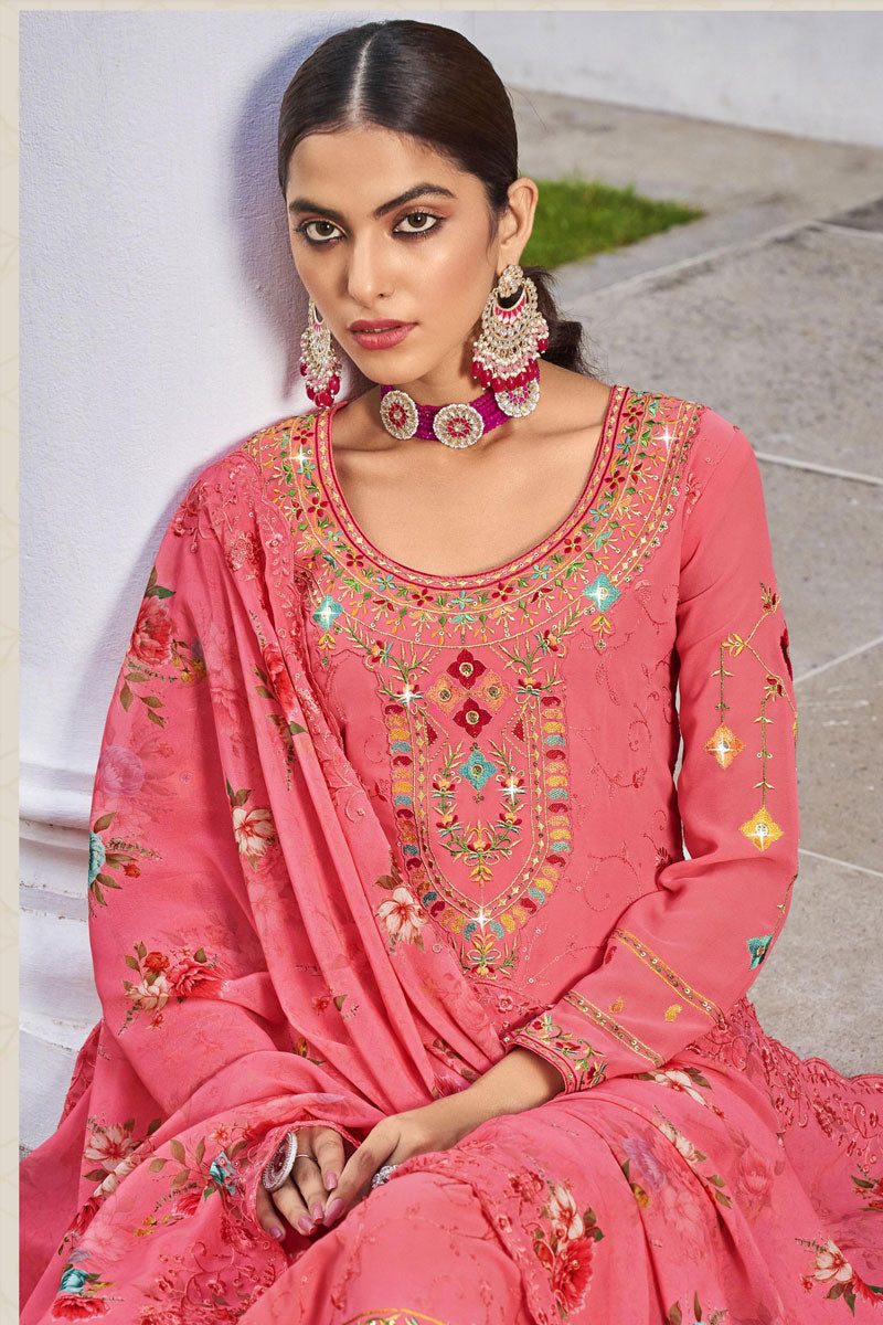 Embroidered Pink Georgette Fabric Palazzo Suit