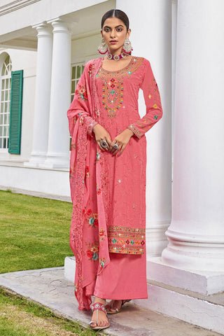 Embroidered Pink Georgette Fabric Palazzo Suit