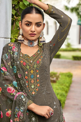 Georgette Fabric Grey Embroidered Palazzo Suit