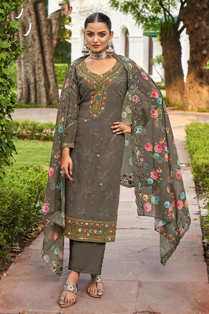 Georgette Fabric Grey Embroidered Palazzo Suit