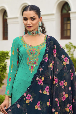 Embroidered Green Palazzo Suit In Georgette Fabric