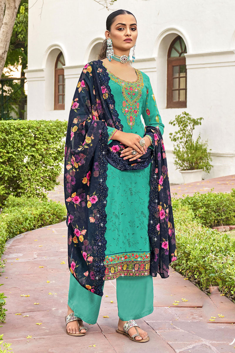 Embroidered Green Palazzo Suit In Georgette Fabric