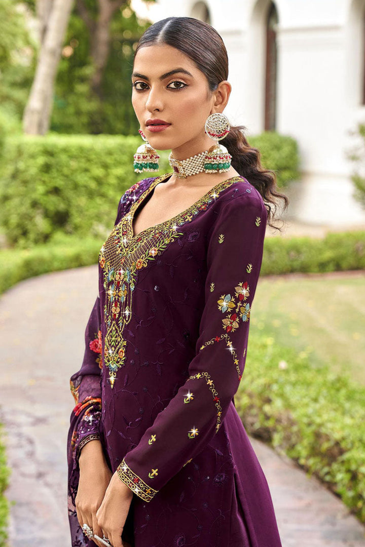 Georgette Fabric Embroidered Palazzo Suit In Wine Color