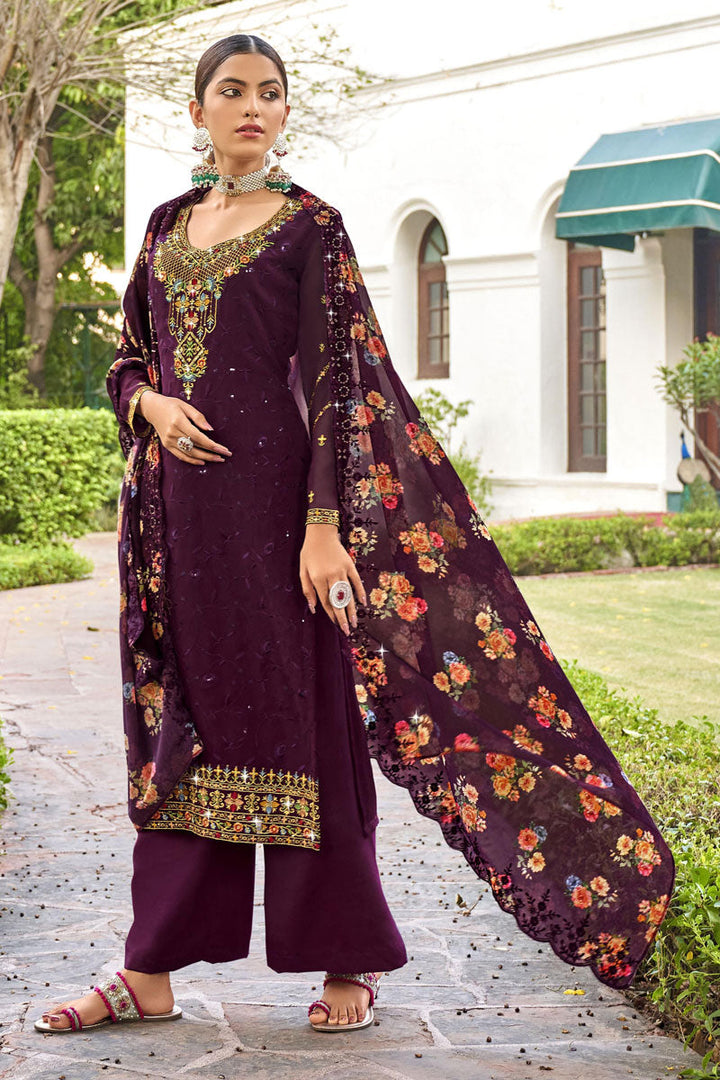 Georgette Fabric Embroidered Palazzo Suit In Wine Color