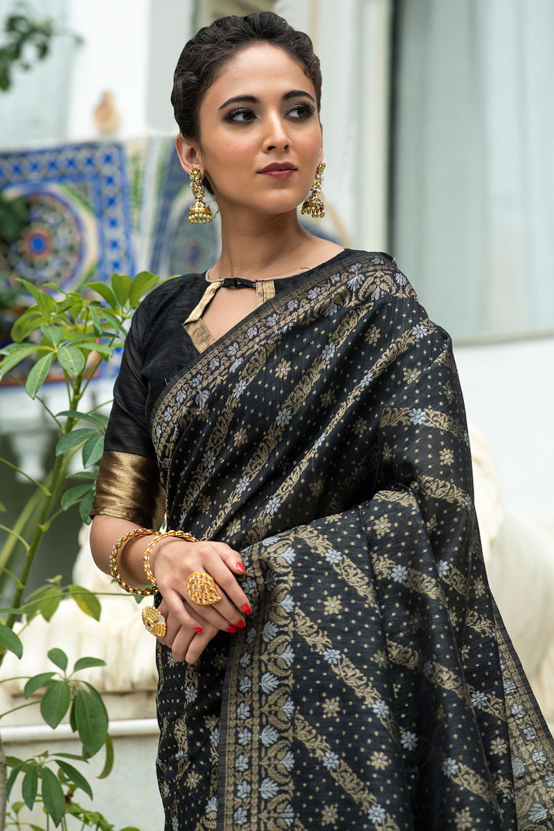 Tussar Silk Function Wear Saree In Black Color