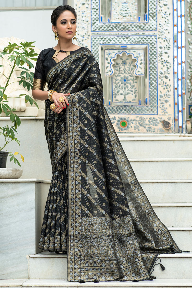 Tussar Silk Function Wear Saree In Black Color