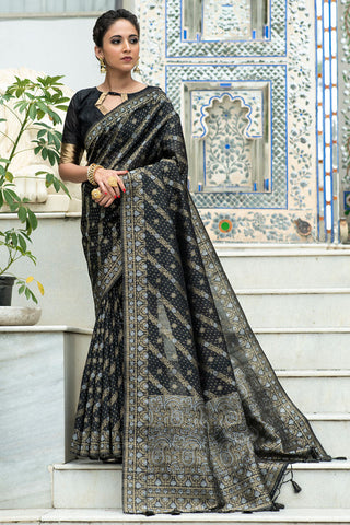 Tussar Silk Function Wear Saree In Black Color