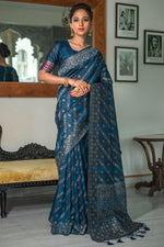 Load image into Gallery viewer, Blue Tussar Silk Function Wear Saree
