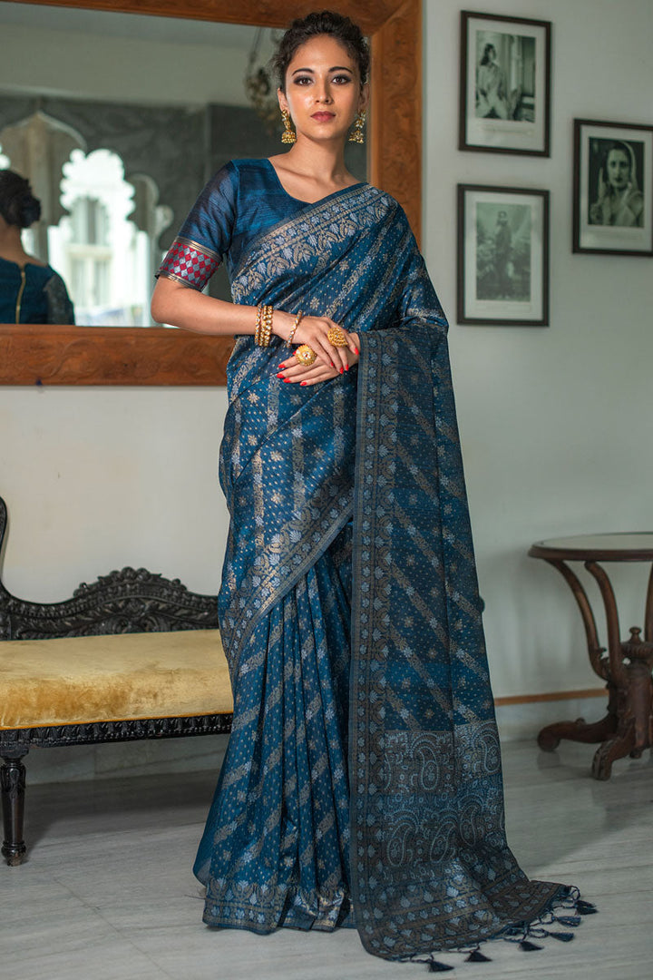 Blue Tussar Silk Function Wear Saree