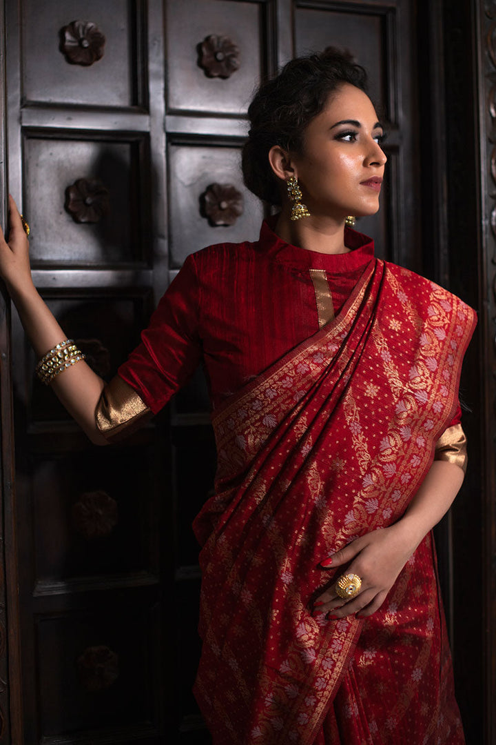 Red Tussar Silk Function Wear Saree