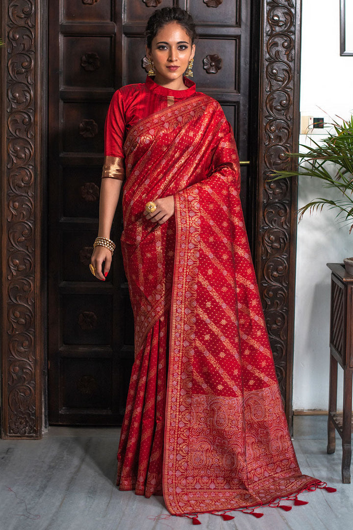 Red Tussar Silk Function Wear Saree