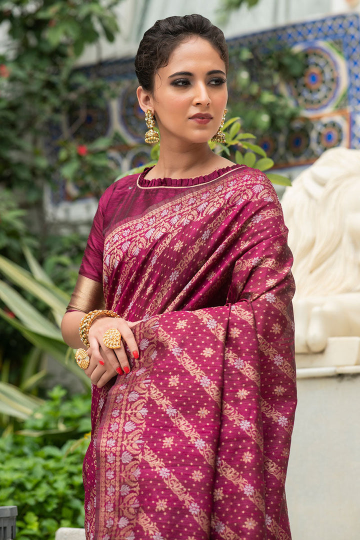 Wine Tussar Silk Function Wear Saree