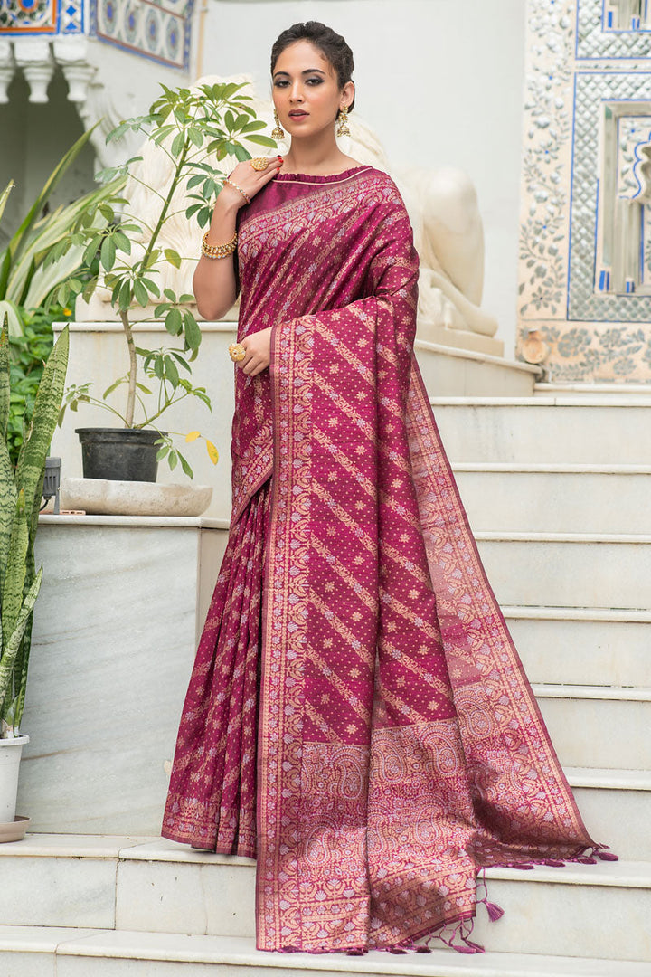 Wine Tussar Silk Function Wear Saree