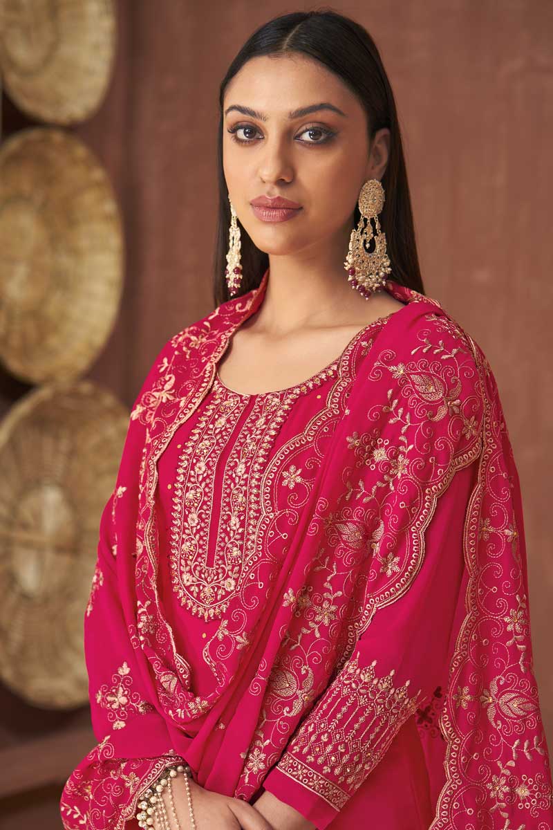 Georgette Fabric Designer Embroidered Work Rani Color Function Wear Palazzo Suit