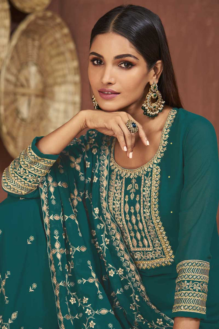 Teal Color Georgette Fabric Function Wear Palazzo Suit Featuring Vartika Sing With Fascinating Embroidered Work