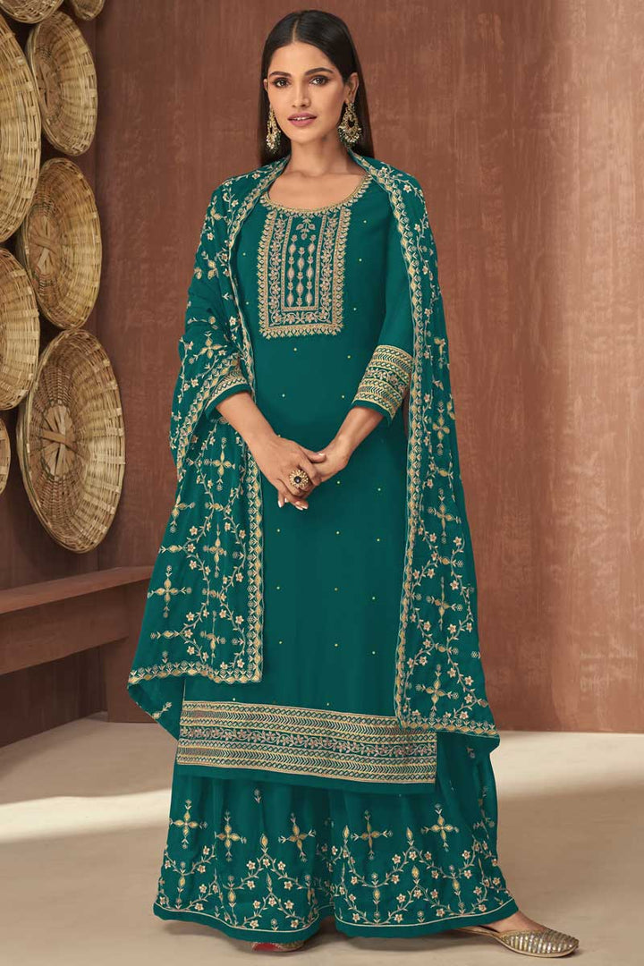 Teal Color Georgette Fabric Function Wear Palazzo Suit Featuring Vartika Sing With Fascinating Embroidered Work
