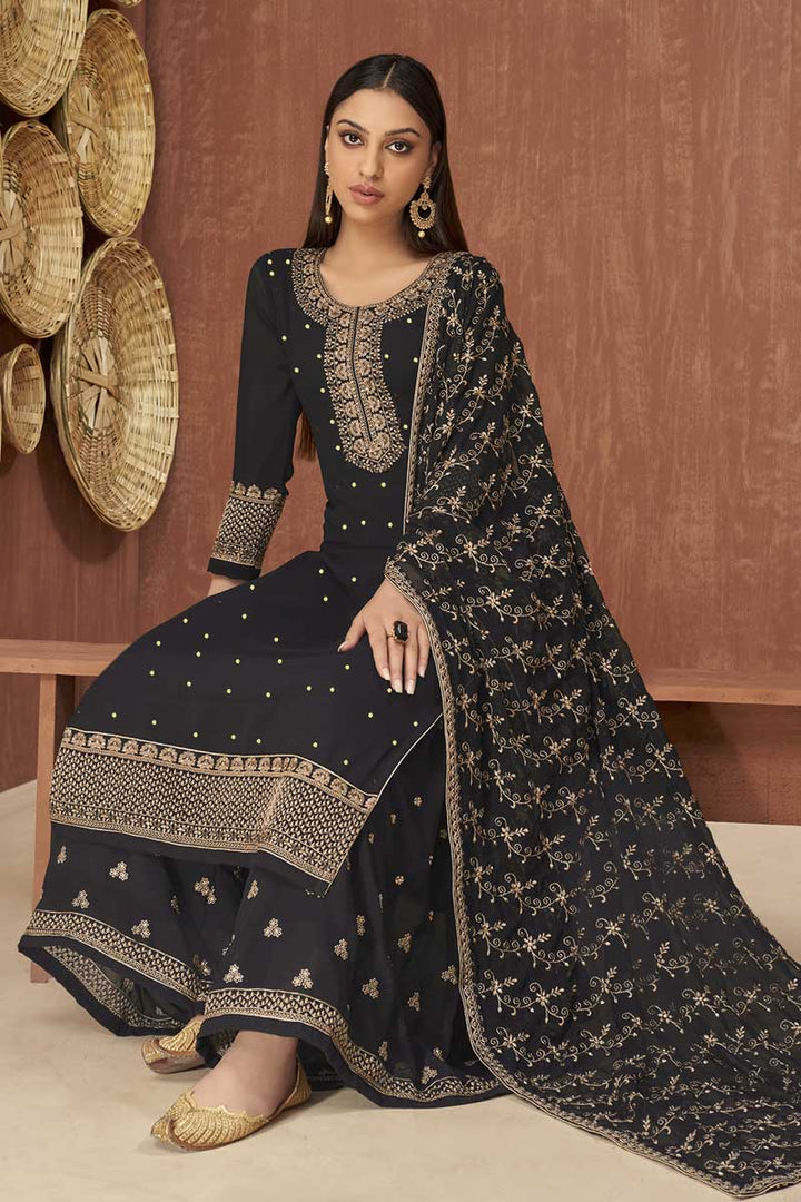 Black Color Embellished Embroidered Work Georgette Fabric Function Wear Palazzo Suit
