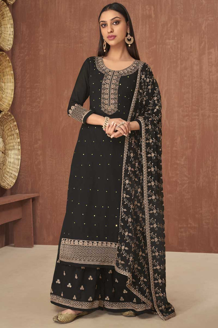 Black Color Embellished Embroidered Work Georgette Fabric Function Wear Palazzo Suit