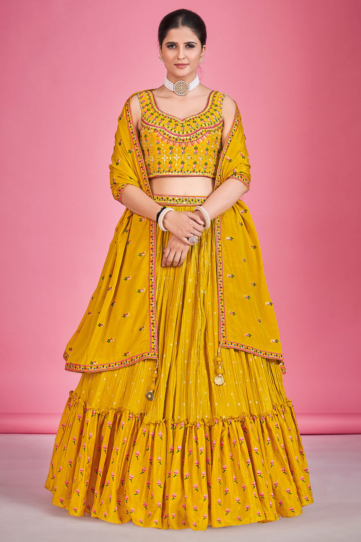 Mustard Pleasant Georgette Readymade Lehenga For Sangeet