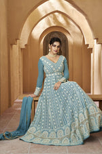 Load image into Gallery viewer, Georgette Fabric Magnificent Long Gown With Dupatta In Sky Blue Color

