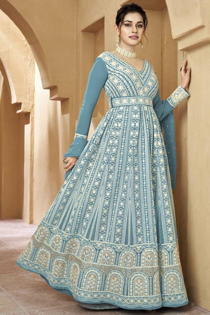 Georgette Fabric Magnificent Long Gown With Dupatta In Sky Blue Color