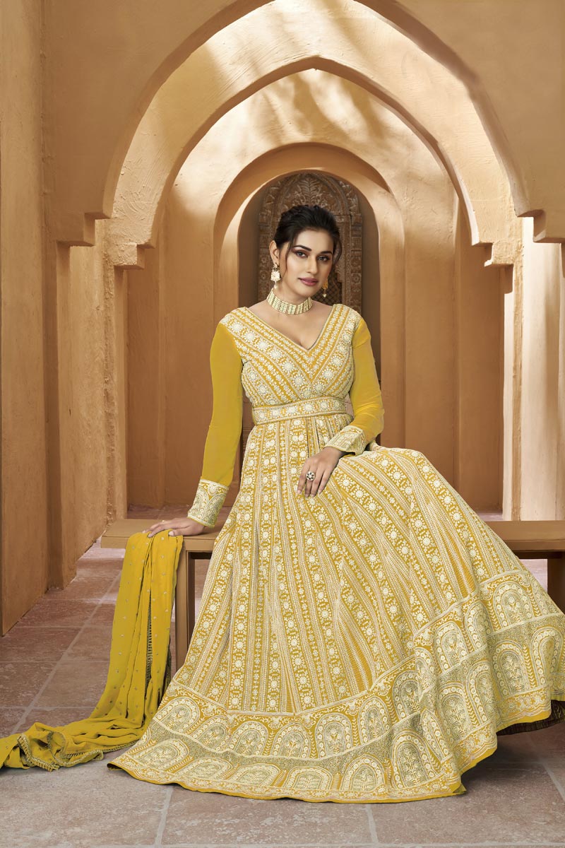 Yellow Color Luminous Long Gown With Dupatta In Georgette Fabric