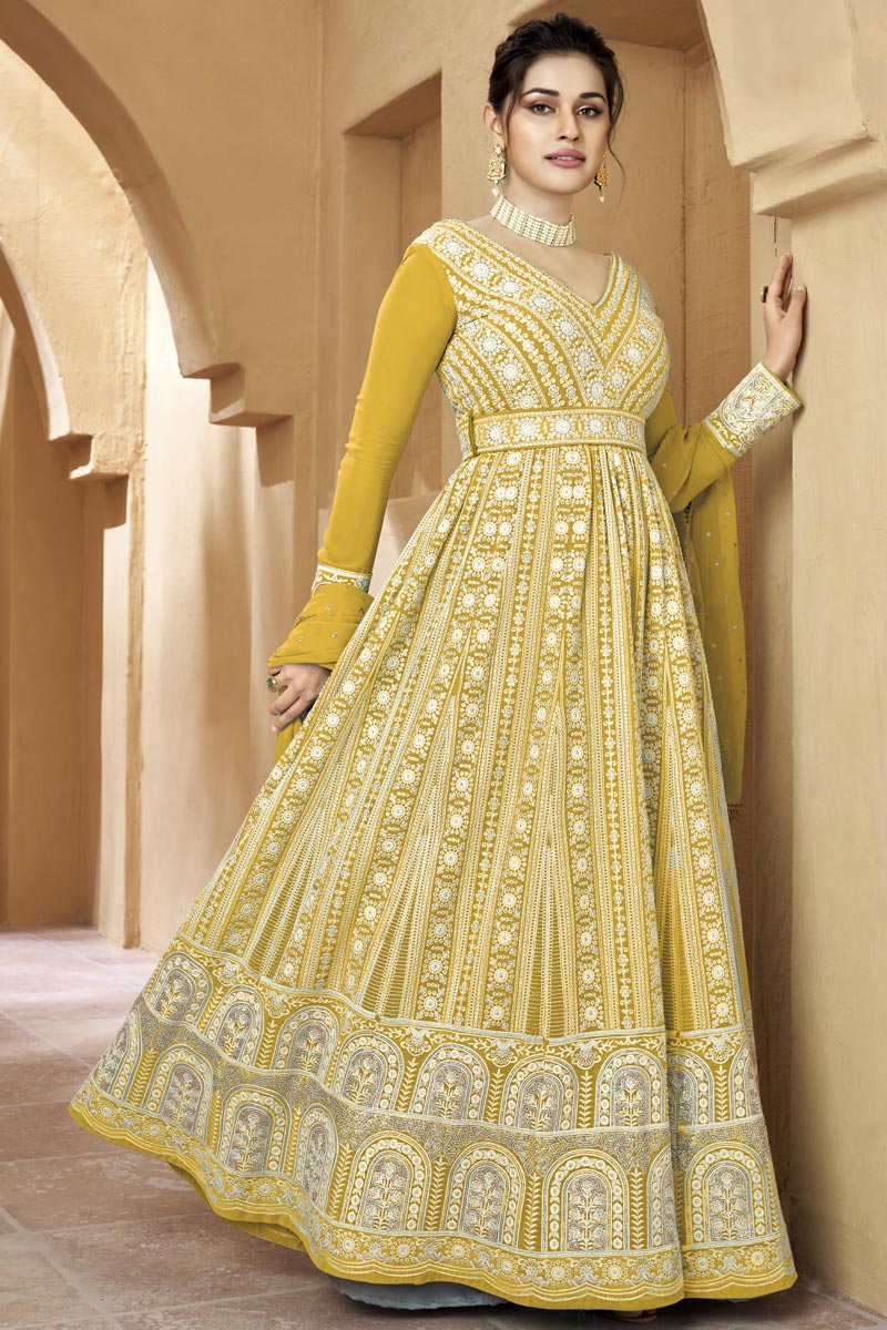 Yellow Color Luminous Long Gown With Dupatta In Georgette Fabric