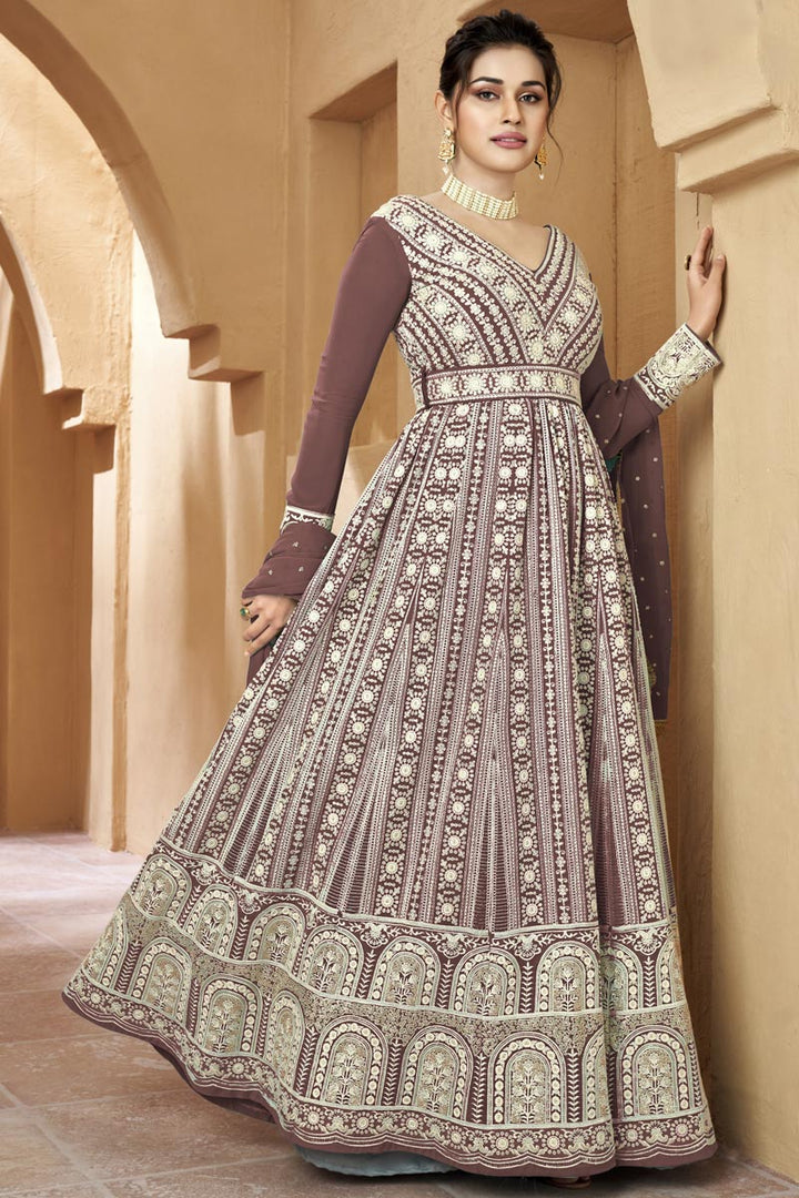 Georgette Fabric Chikoo Color Glorious Long Gown With Dupatta