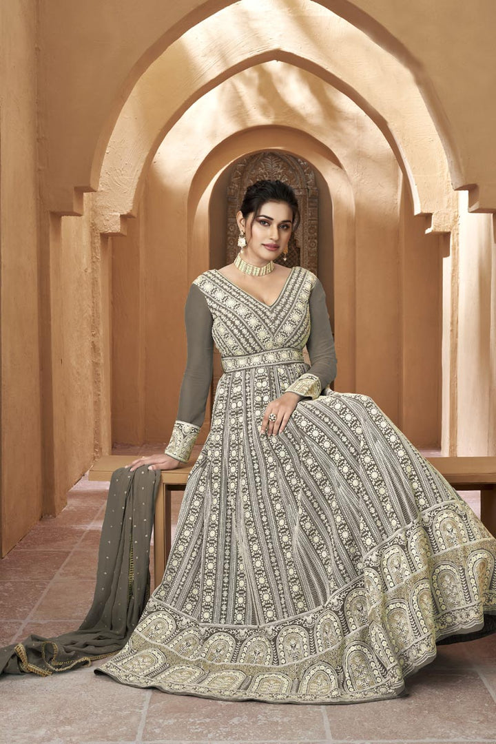 Grey Color Fashionable Long Gown With Dupatta In Georgette Fabric