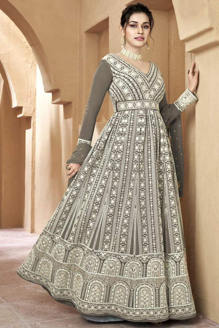 Grey Color Fashionable Long Gown With Dupatta In Georgette Fabric